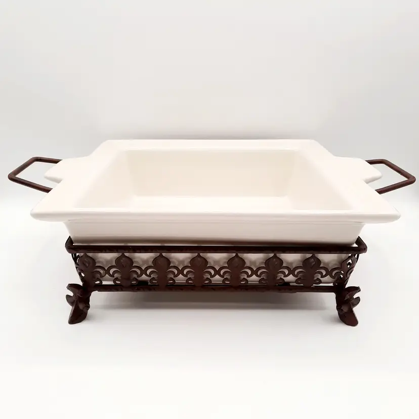Cooks JCPenney Home Stoneware Casserole Baking Dish with Metal Fleur de Lis Holder Tray