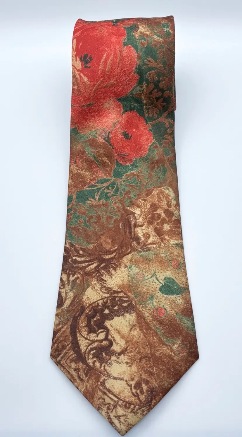Vintage Secundum Artem Floral Necktie Red Green Brown Art To Wear Goblin Core