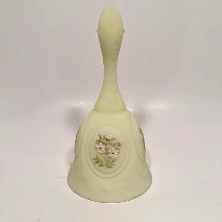 Fenton Pink Blossoms On Custard Glass Hand-painted Bell By Mike Lemon
