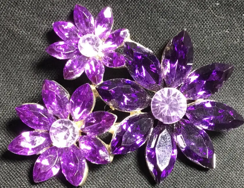 Brooch, purple rhinestone flowers, Liz Claiborne, 2" x 1.5"