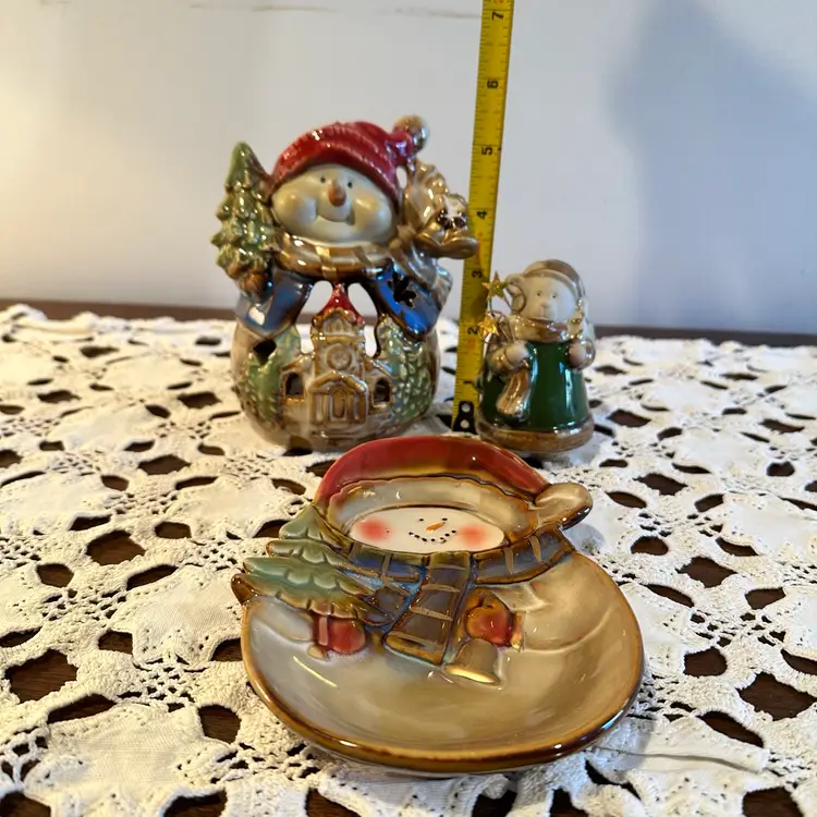 Little lot of Christmas Themed Pottery- Snowman Tealight, Snowman plate, And little Bear Figurine.