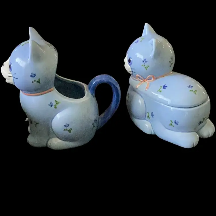 Vintage Blue Otagiri Cat Set Sugar bowl And Creamer With Little Flowers