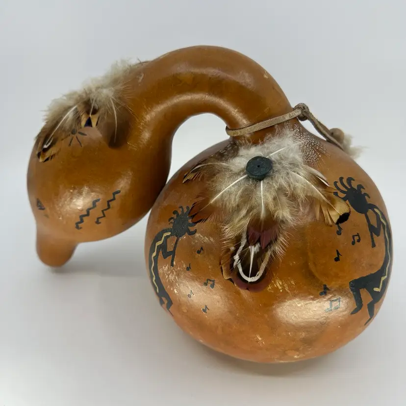 Native American Gourd Art Bird/Object Hand Painted Kokopelli & Feathers 10.5”