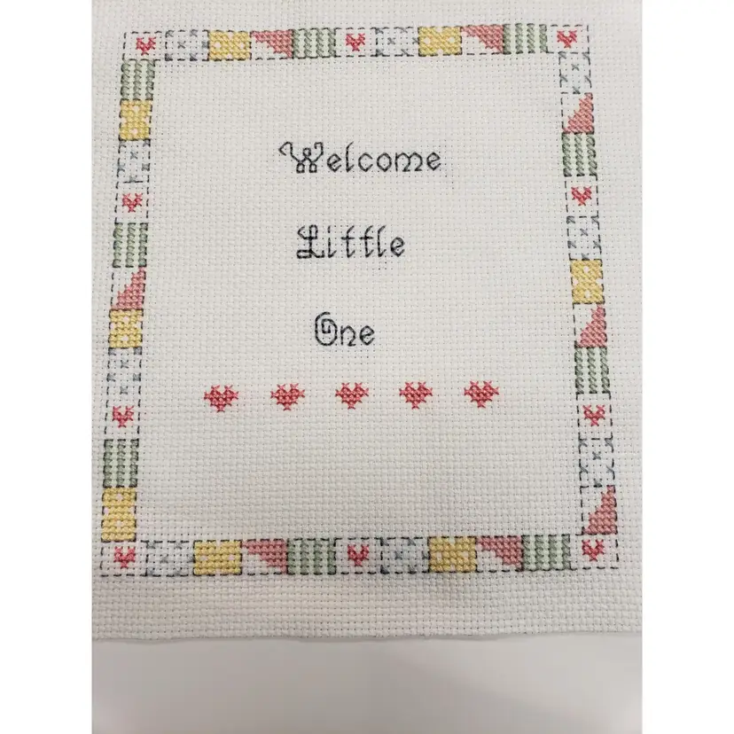 New Handmade Cross-stitched "Welcome Little One" Finished Piece.