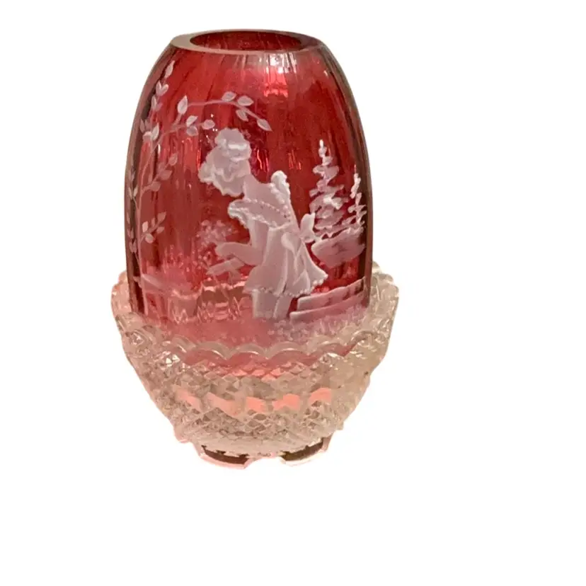 Fenton 2-piece 1997 Country Cranberry “Meadow Flowers” Fairy Light HP By Jane Reynolds Designed By Martha(?) Reynolds 4 1/2” X 3”