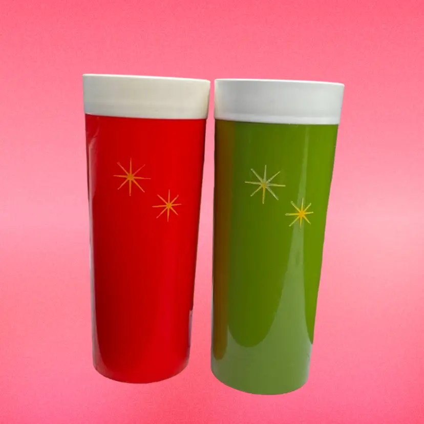 Pair Of Red And Green Hi-Kool Atomic Starburst Plastic Tumblers