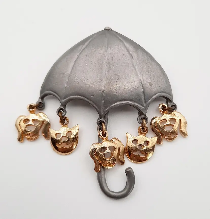 Vintage Ultra Craft Raining Cats & Dogs Umbrella Brooch Pin