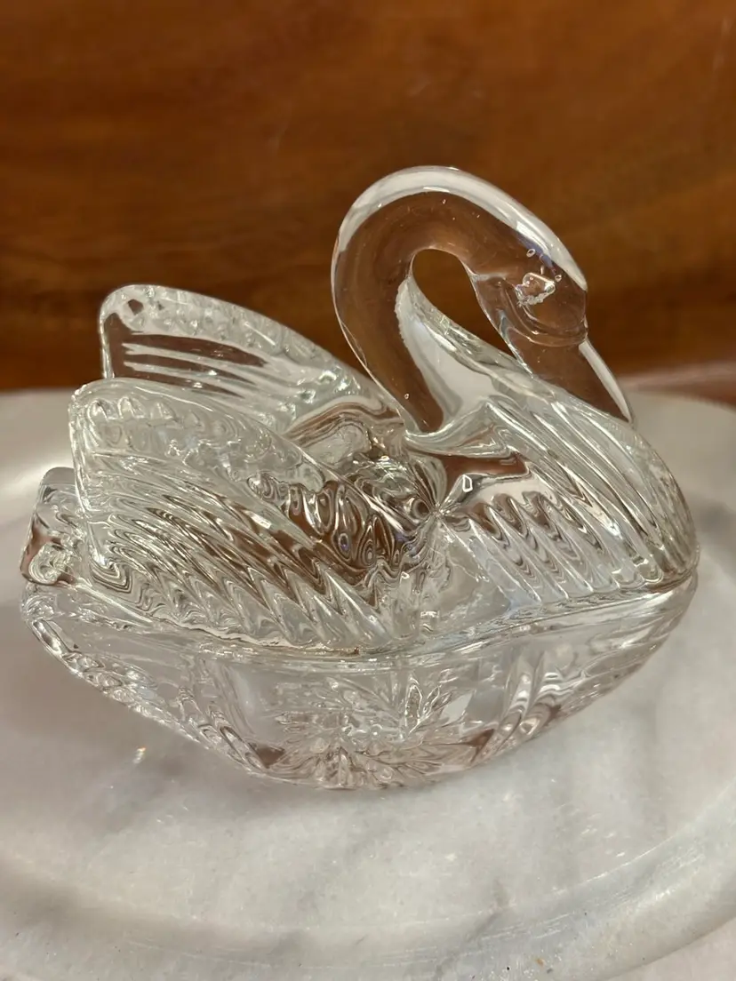 Vintage Swan Trinket Box 24% Lead Crystal Glass Jewelry Dish Decorative On Nest