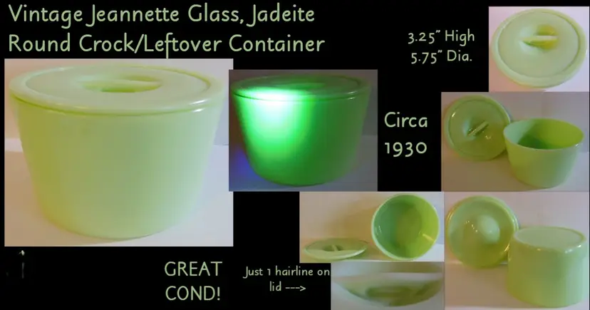 90+ Years Old Jeannette Glass Scarce Jadeite Round Covered Crock/Leftover Container, GLOWS!