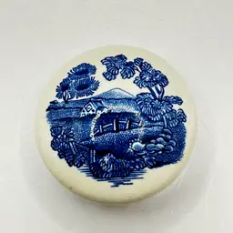 Vintage Blue Farm Trinket Box Lidded, by William Adam’s Pottery, Made in England