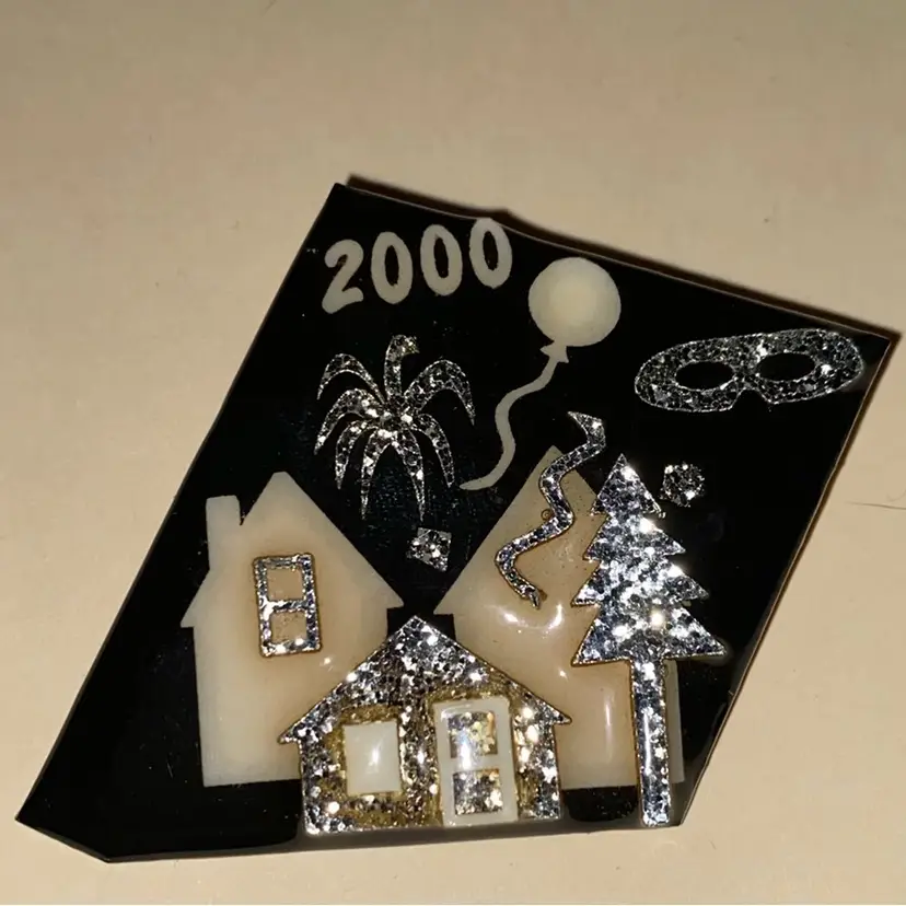 Year 2000 Lucinda House Pin - Black Background With Cream And Silvery Glitter House ~ Silver Glitter Fireworks, Confetti, Tree And Mask