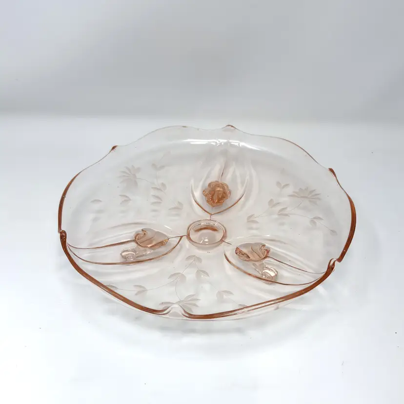 Pink Depression Glass Lancaster Jubilee Cake Plate With Etched Floral Design, Footed Server  (0021-26)