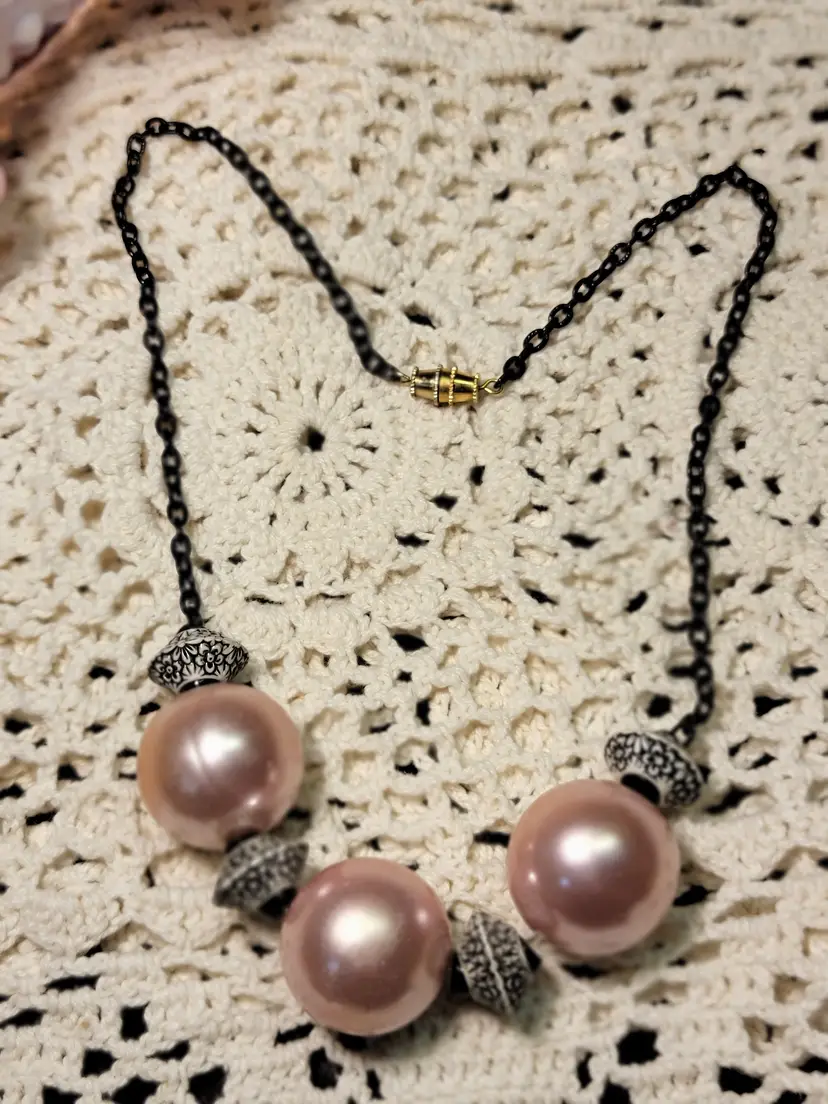 Vintage pink faux pearl with floral black and white beads
