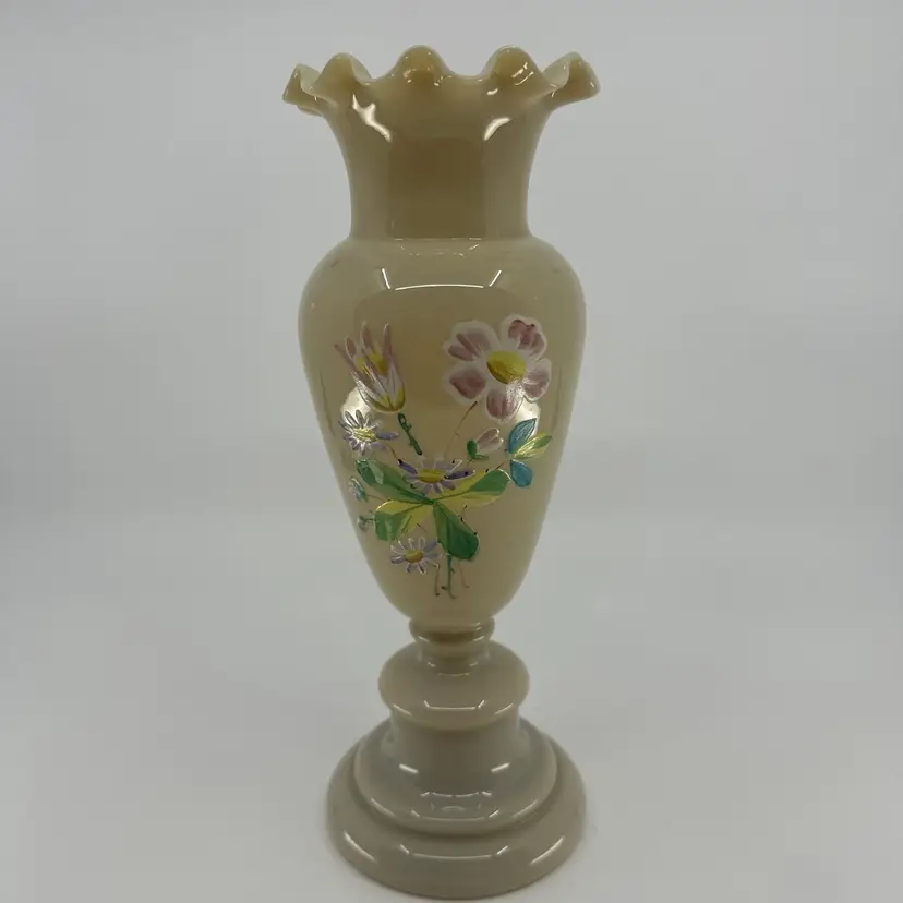 Tall Antique Victorian Bristol Ruffled Top Glass Vase Hand Painted