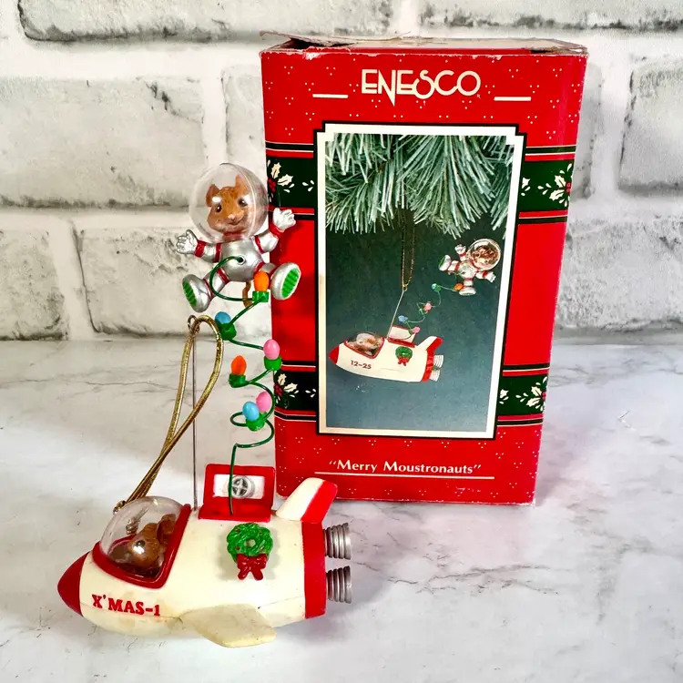 Vintage 1990s Enesco Merry Moustronauts Mouse Spaceship Ornament in Box #573558