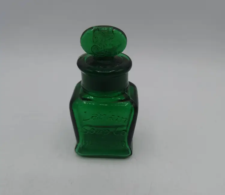 LARKIN CO. BUFFALO Small Green Emerald Glass Soap Bottle with Lid