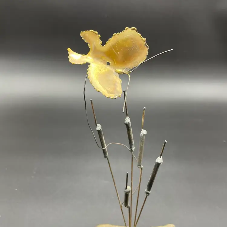 Brutalist Torch Cut Metal Butterfly Cattails Reeds Kinetic Art Sculpture Handmade Zoo