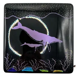 Fused Art Glass Tile Trivet Dichroic Whale Ocean Sea Purple Black Square 6.75”