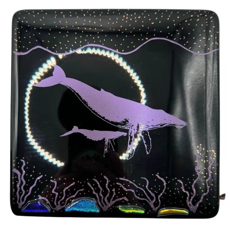 Fused Art Glass Tile Trivet Dichroic Whale Ocean Sea Purple Black Square 6.75”