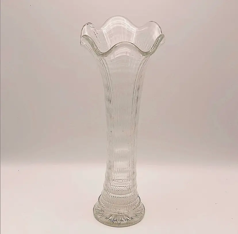 Imperial Glass Swung Vase Clear “Ripple & Ribbon”Pattern 10.5” MCM Style