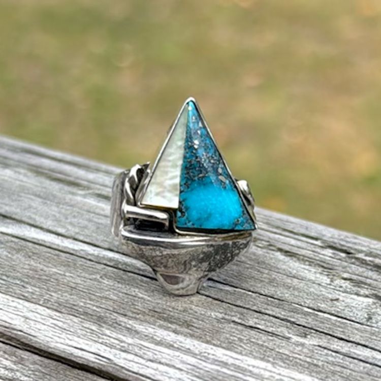 Rare Vintage Southwest One of a Kind Heavy Sterling Silver Turquiose & MOP Sailboat Ring Artist Signed, Size 10, 16.2g Tested