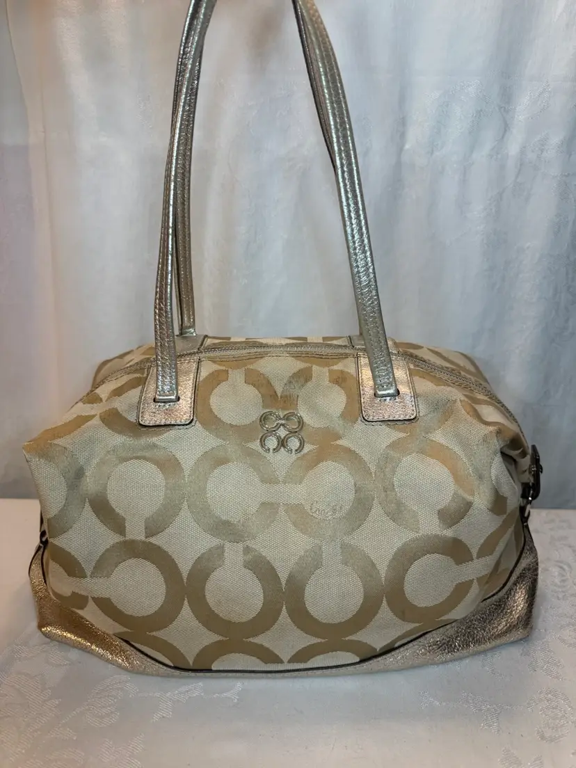 Coach 14966 Julia Satchel OP Art signature khaki fabric and gold Leather trim