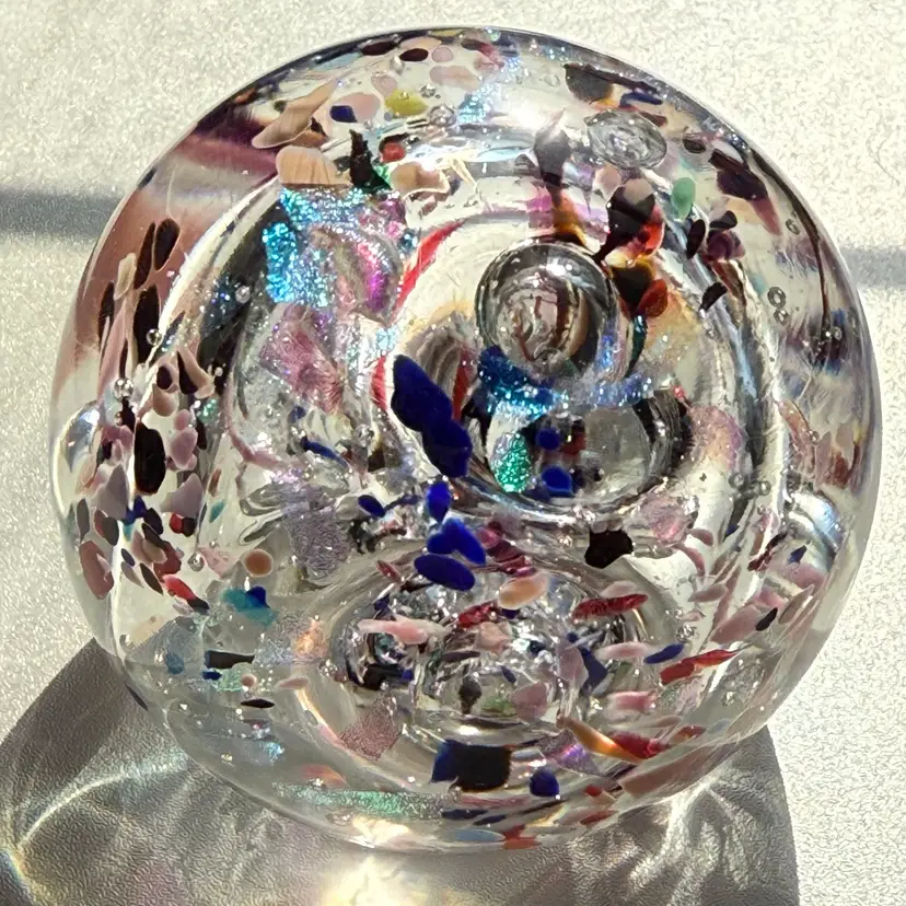 Signed Rollin Karg Dichroic And Spatter Glass Bubble Swirl Paperweight 3”