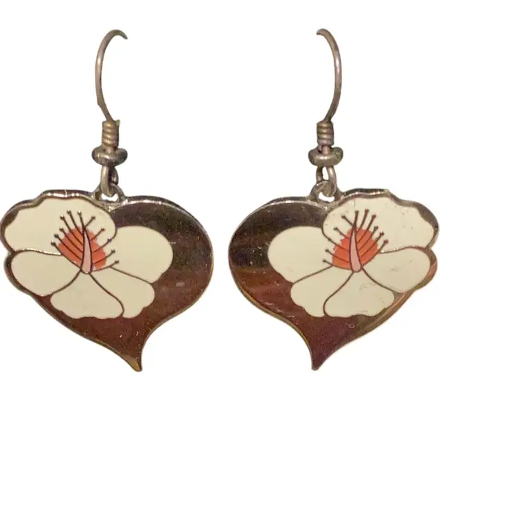 Laurel Burch Hibiscus Heart Flower Earrings Signed Silver