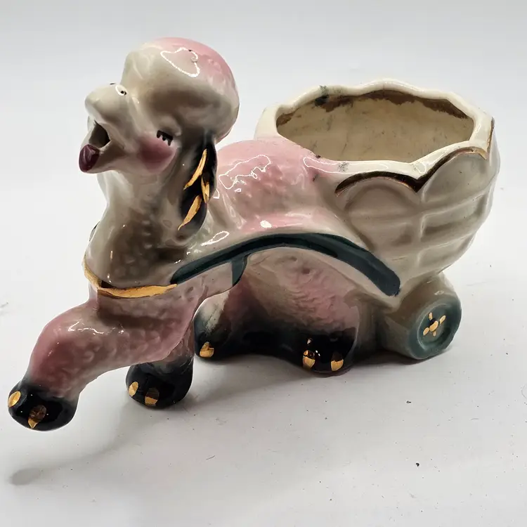 Pink Poodle Dog Planter pulling cart vintage