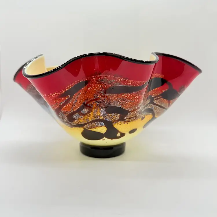 Vintage Nourot Studio Art Glass Scarlet Nova Fluted Ruffle Cabinet Bowl 2003