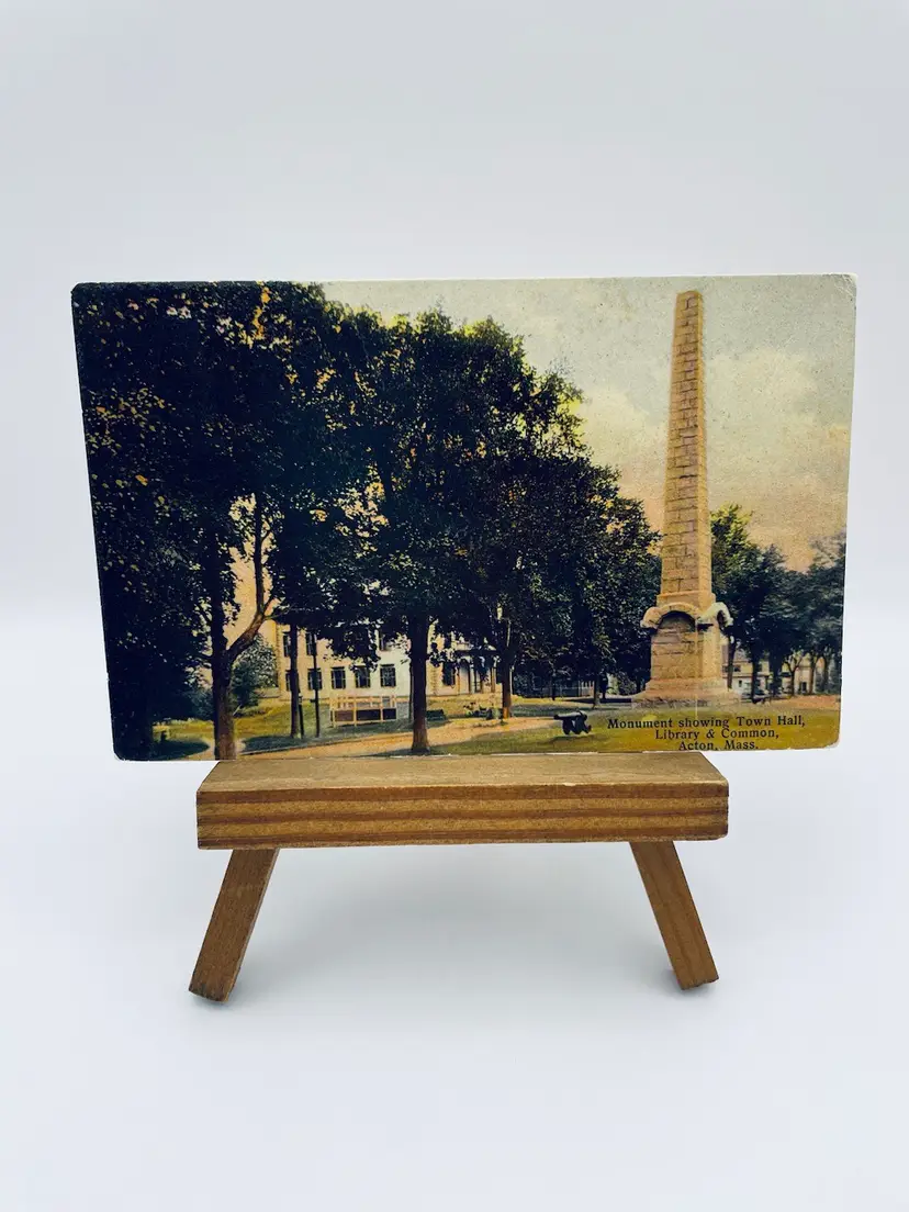 Antique Postcard, “Monument showing 
Town Hall, Library & Common, Acton, Mass.”, Postmarked 1908, Canceled Benjamin Franklin One Cent Stamp
Printed In Germany