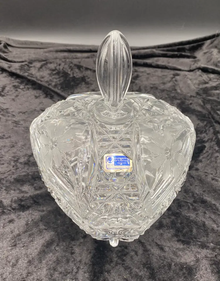 Vintage Lausitzer Glas Lead Crystal Hand Cut Candy Dish w/Lid, Flowers, GDR Sticker