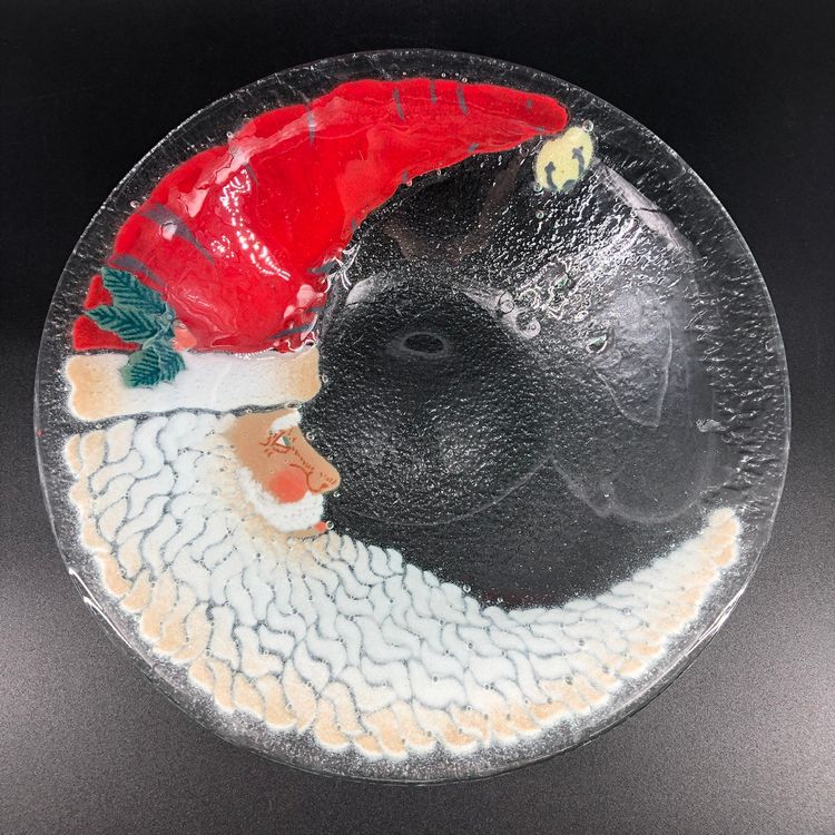 Peggy Karr Fused Art Glass 10.5” Crescent Moon Christmas Santa Bowl