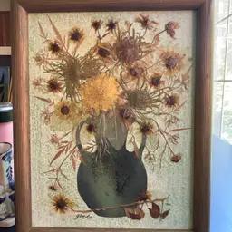 Vintage Flower Framed Wall Art MCM Decor Dried Flowers Handmade Signed 14.5” x 11.5”
