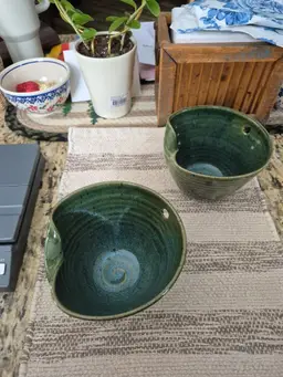 Studio Pottery noodle bowls green with blue and black accent colors