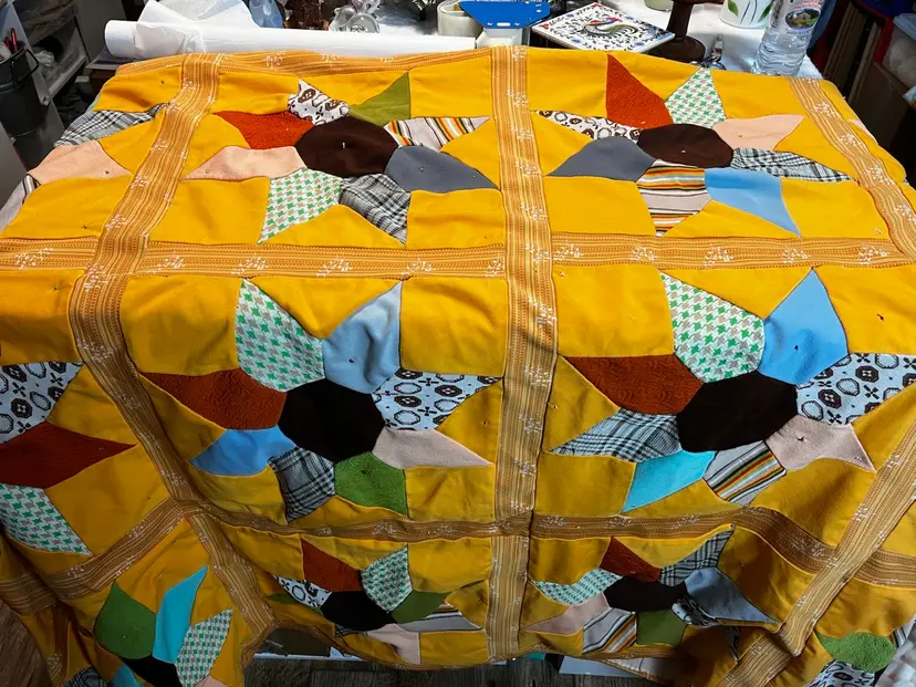 #617B Vintage Yellow And Multicolored Star Pattern Double Knit Polyester Handmade Blanket With Backing And Ties Instead Of Being Quilted. As Shown Live