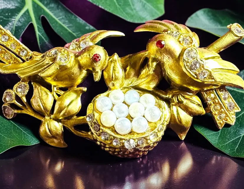 Antique Gold Tone Plated Pot Metal Birds In Branches With Nest Brooch - 3” x 1.5”- circa 1930ish