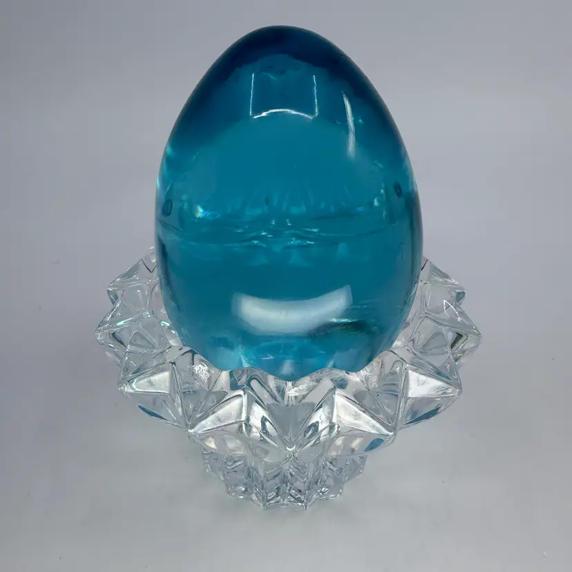 Blue Art Glass Egg On Clear Salt Cellar