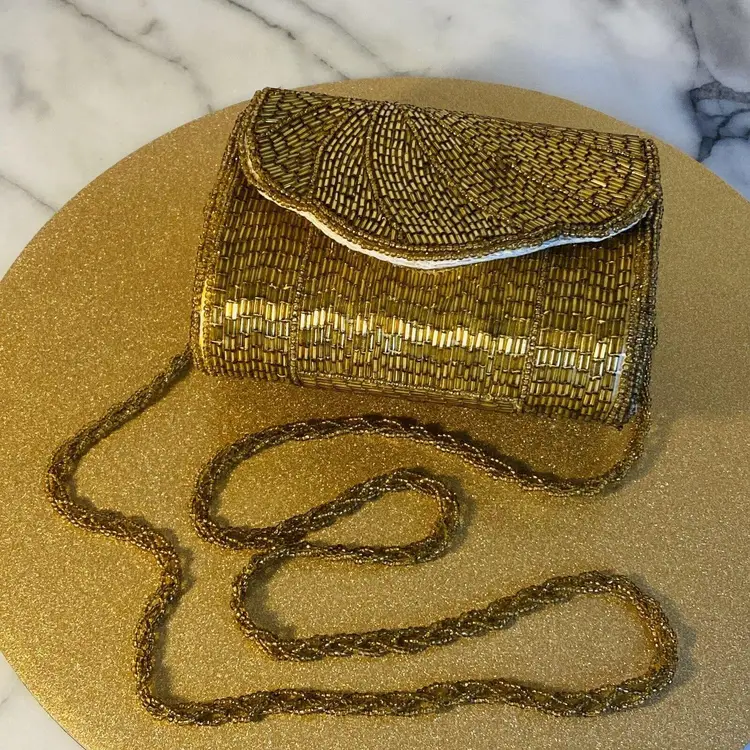 #1428 Farnell Paris Gold Beaded Evening Bag Vintage Party Long  Beaded Shoulder Strap