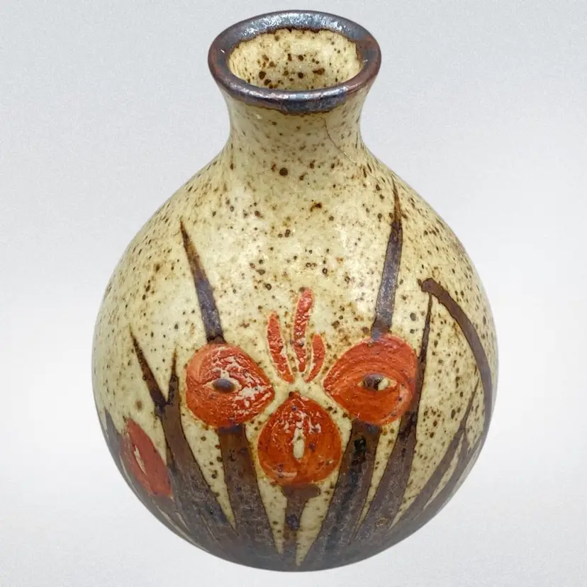 Pottery Vase Speckled Brown Orange Floral 3.5” Vintage