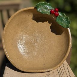 Christmas Holly Signed Studio Pottery Dish