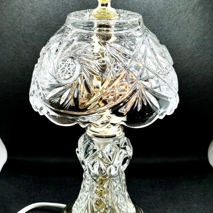 Vintage Boudoir Small Table Night Light Lamp Handcrafted Pinwheel Cut Crystal Clear Glass