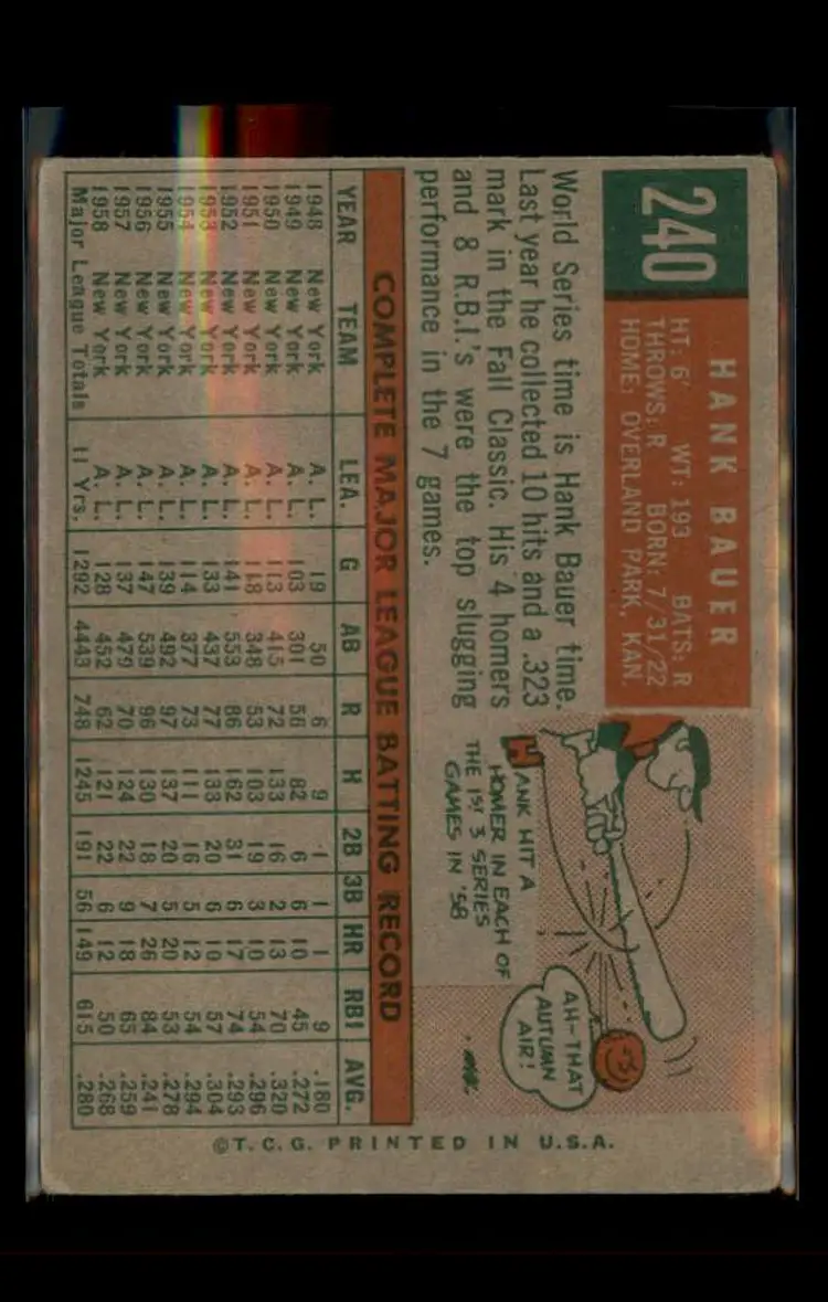 1959 Topps #240b Hank Bauer - (pk4) - New York Yankees