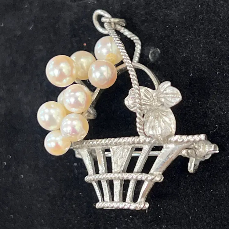 Handmade Sterling Silver Brooch Pendant Pin Akoya Pearl Basket MCM Stamped EUC