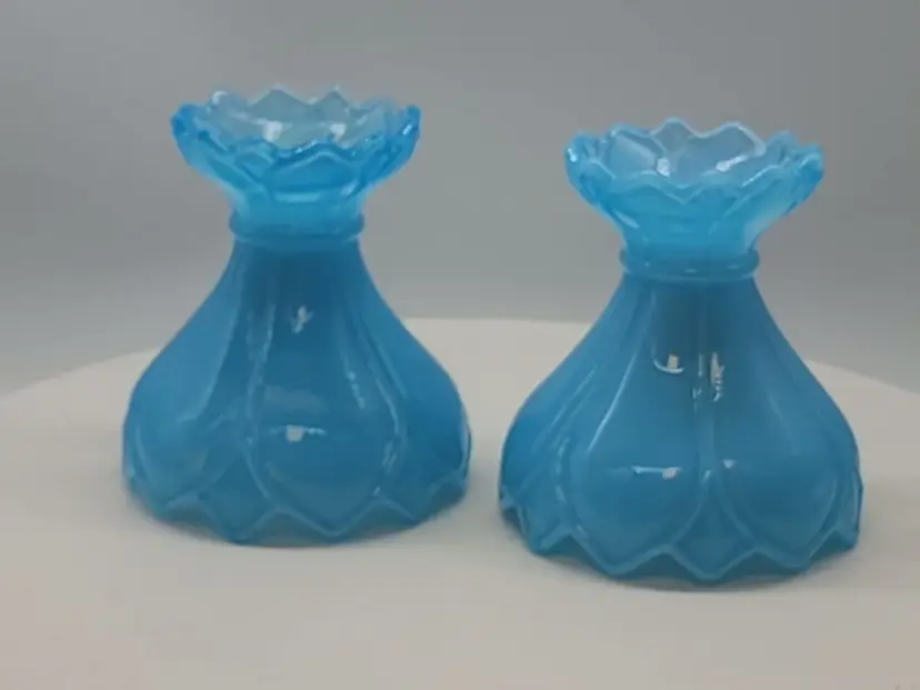 PAIR (2) FENTON LOTUS FLOWER SKY BLUE CANDLE HOLDERS 4" TALL