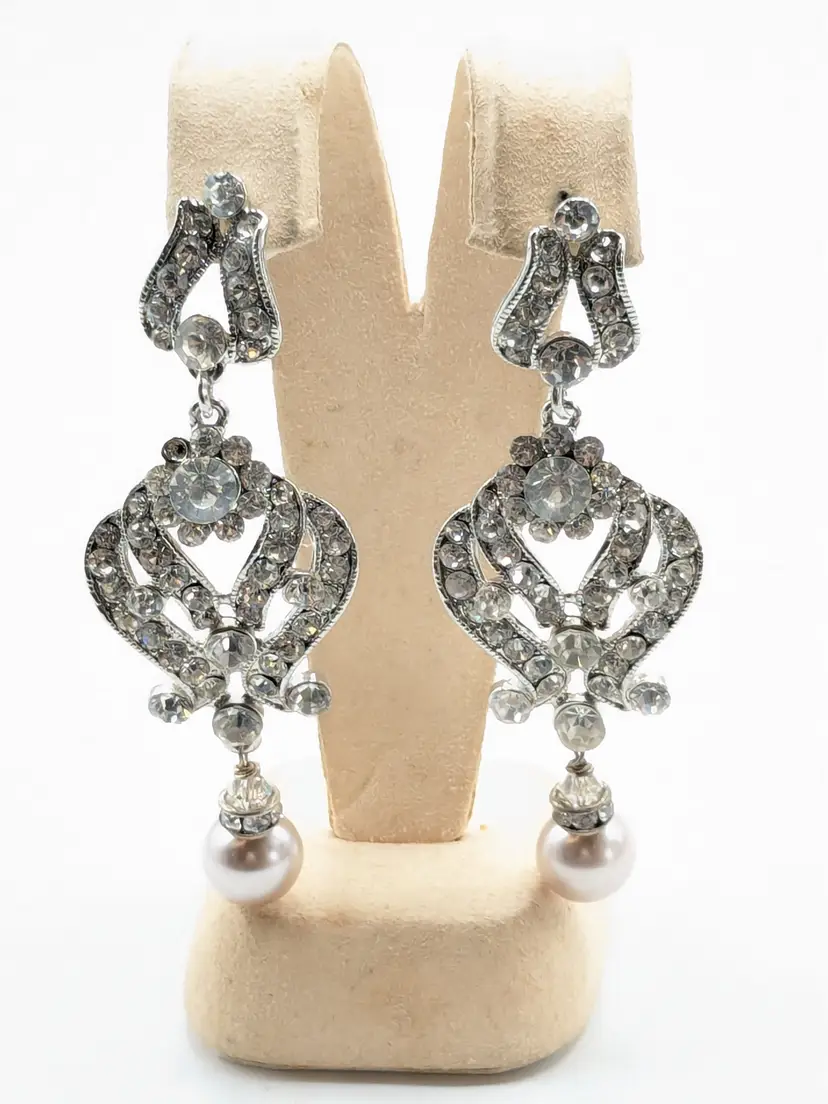 Silver Tone Rhinestone and Pearl Drop Earrings