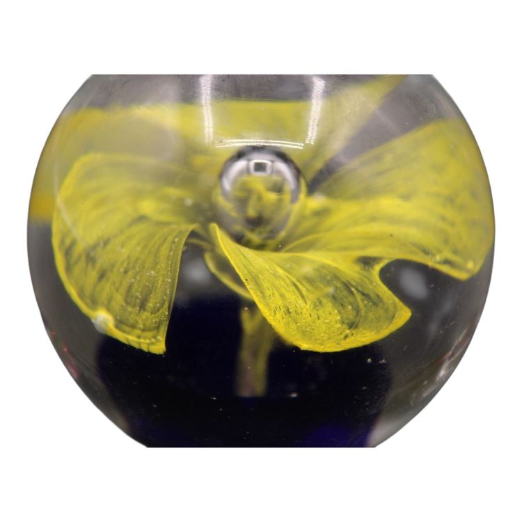 Cobalt Blue with Lacy Yellow Flower & Center Bubble Paperweight 2 1/2” Tall 1#1.5oz