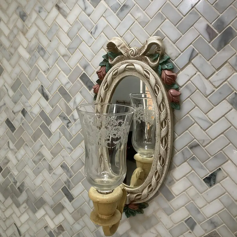 Oval Mirror Floral Frame With Glass Hurricane Holder - Set Of 2