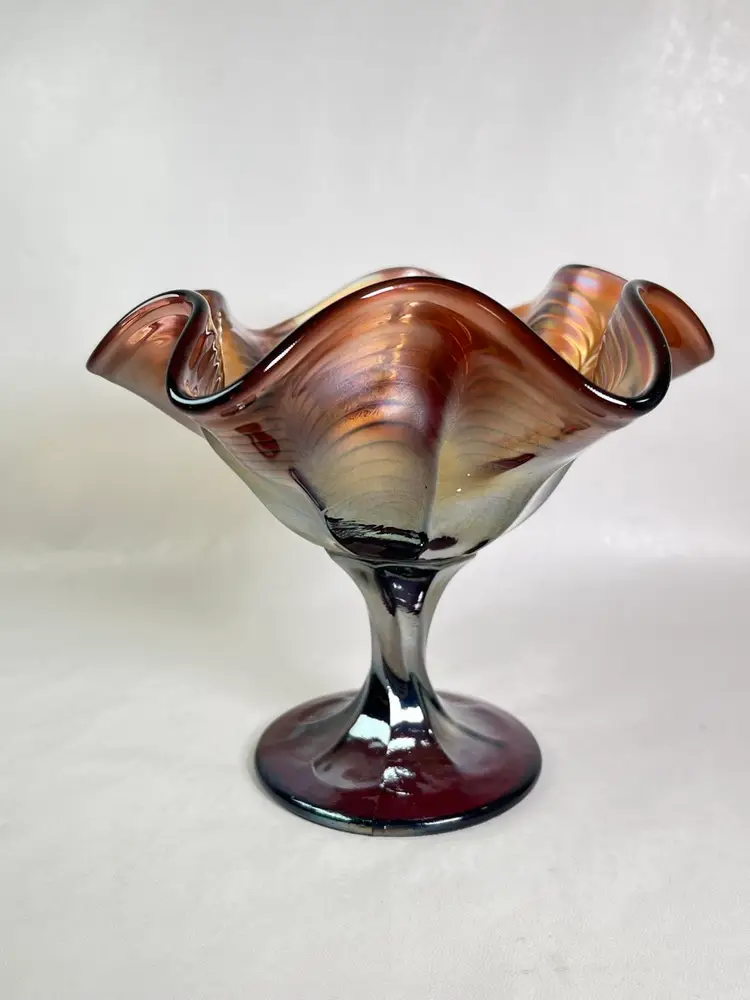 VINTAGE Fenton Ruffled Peacock Tail Compote Amethyst Carnival Glass
