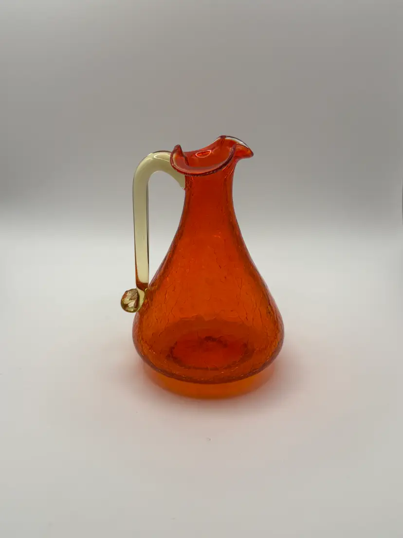 Vintage Crackle Glass Amberina Pitcher with Applied Handle UV Glow